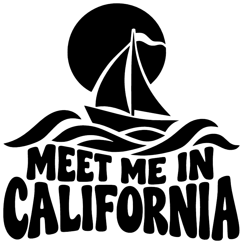 Vinyl decal logo: sailboat over waves with 'MEET ME IN CALIFORNIA' lettering