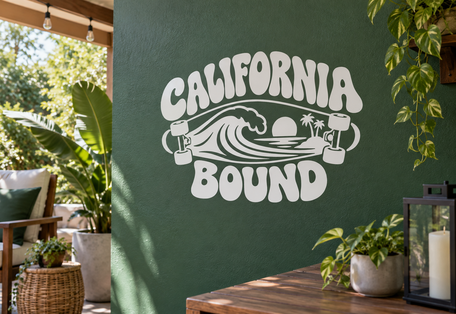 California Bound lettering vinyl decal, white text with surfboard and palm graphic