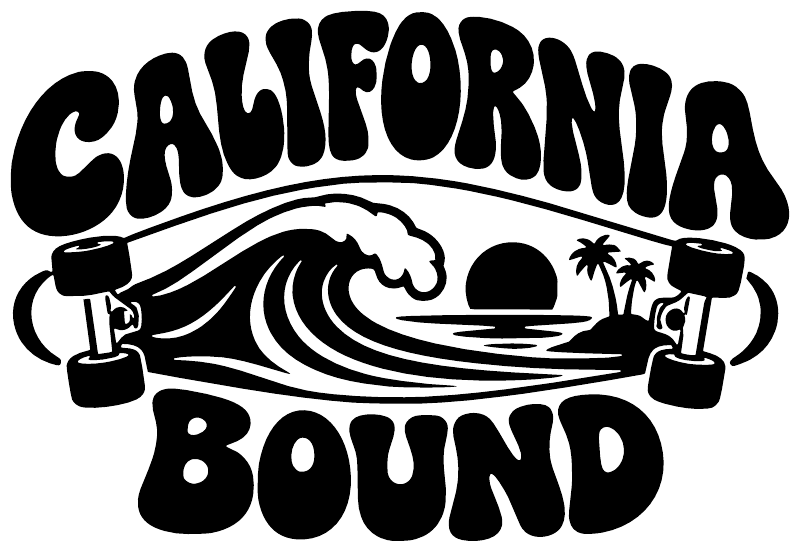 California Bound lettering vinyl decal in black, with surfboard and palm graphic