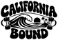 California Bound lettering vinyl decal in black, with surfboard and palm graphic