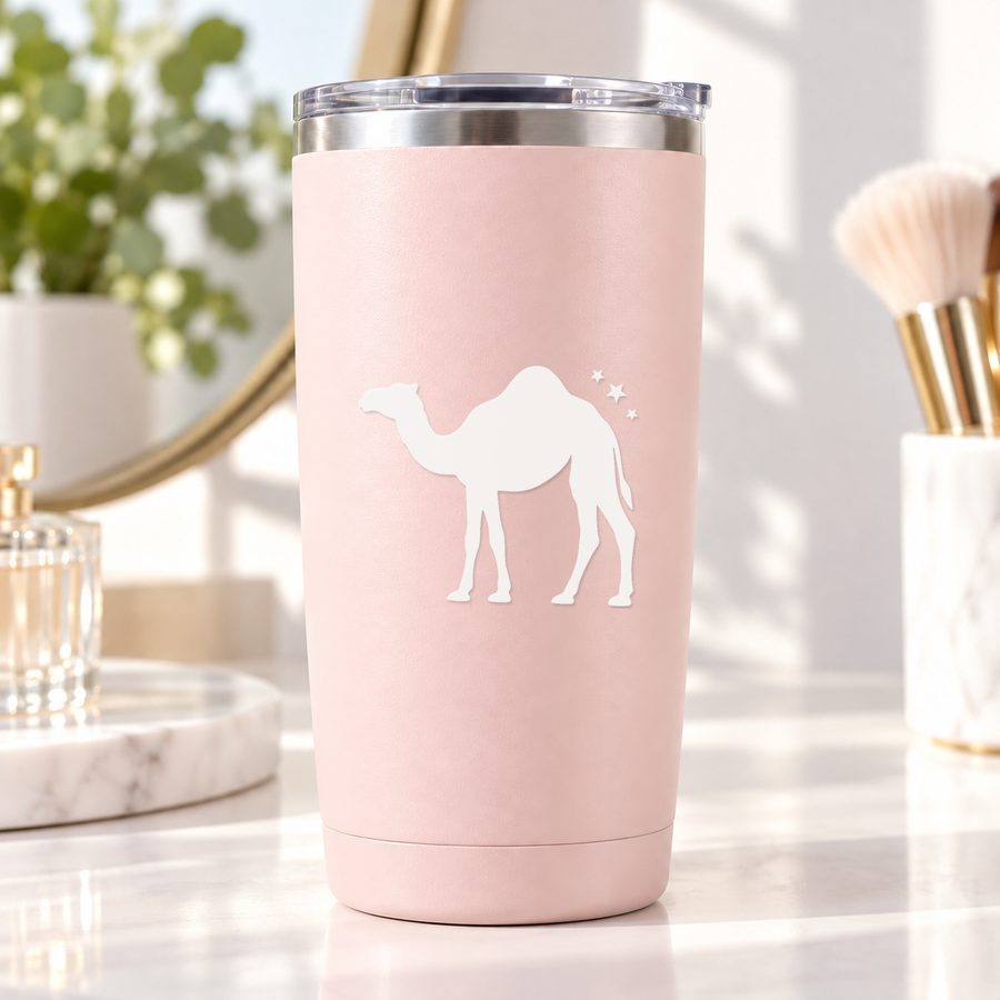Camel and three-star trail vinyl decal on a pink tumbler