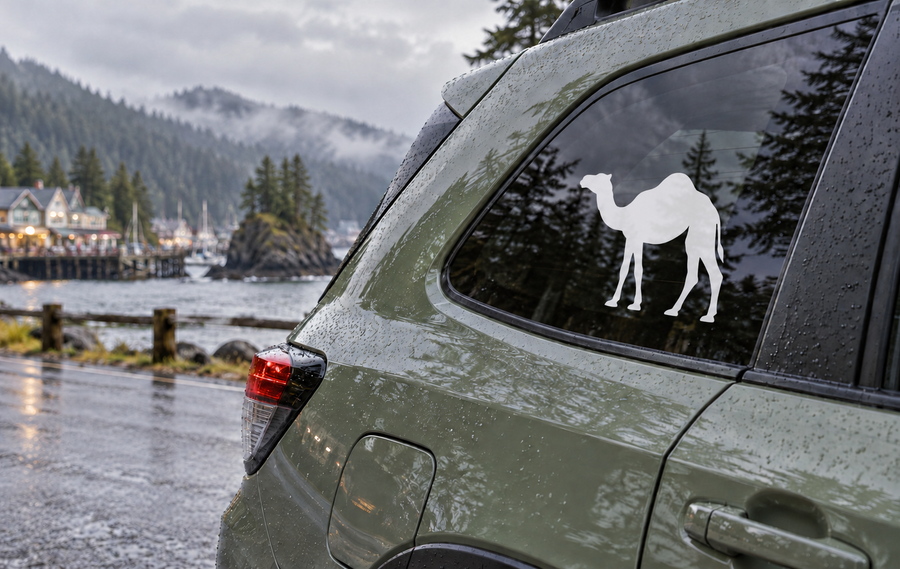 White standing camel vinyl decal with curving neck on car window