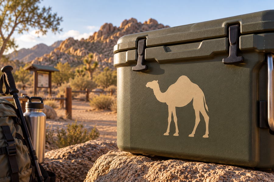Camel silhouette vinyl decal with single hump and long tail on tan background