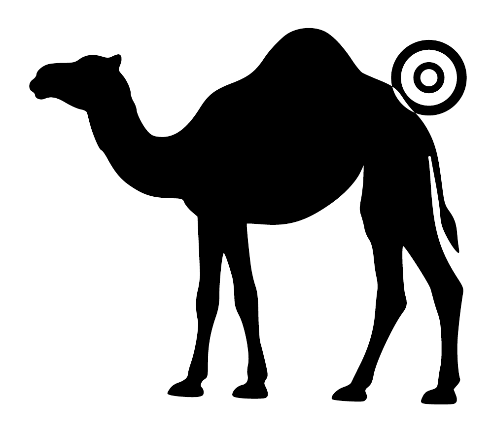 Black standing camel silhouette with layered orbit halo, close-up