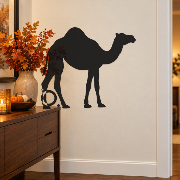 Mirrored camel wall silhouette decor with orbit dot halo, dark metal cutout