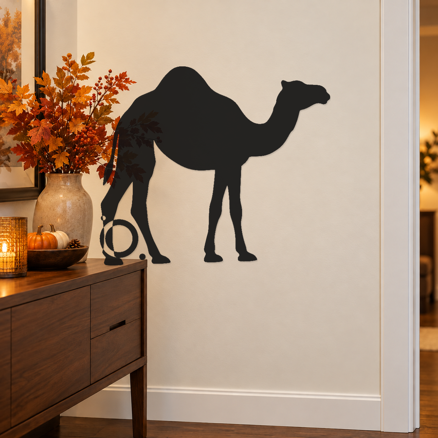 Mirrored camel wall silhouette decor with orbit dot halo, dark metal cutout