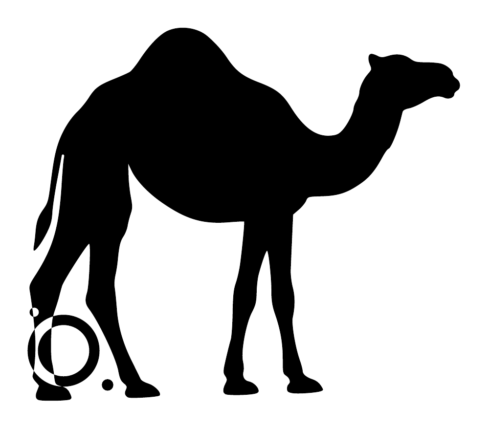 Camel wall silhouette decor with orbit dot halo and curved neck, dark