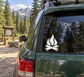 Black campfire flame and crossed log vinyl decal on vehicle rear window