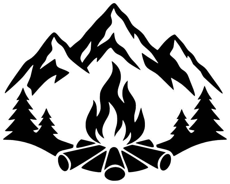 Black mountain, pine trees, central flame and fire ring vinyl decal graphic