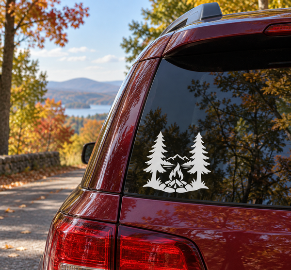 Round vinyl decal with campfire and pine trees, white design