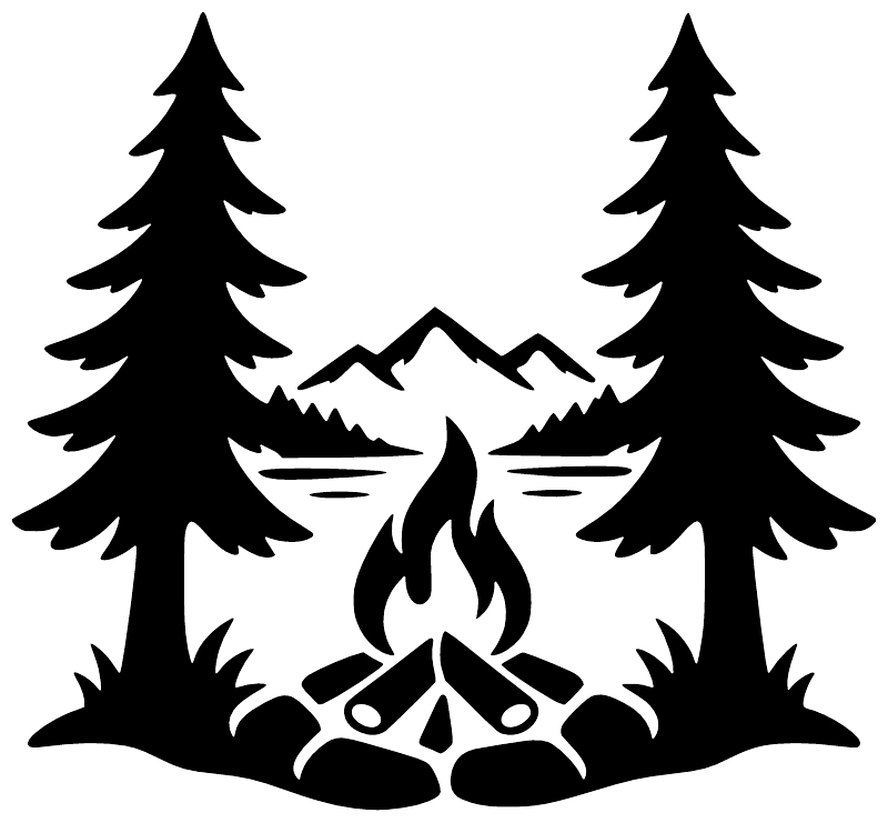 Round vinyl decal with black campfire and pine tree silhouettes