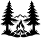 Round vinyl decal with black campfire and pine tree silhouettes