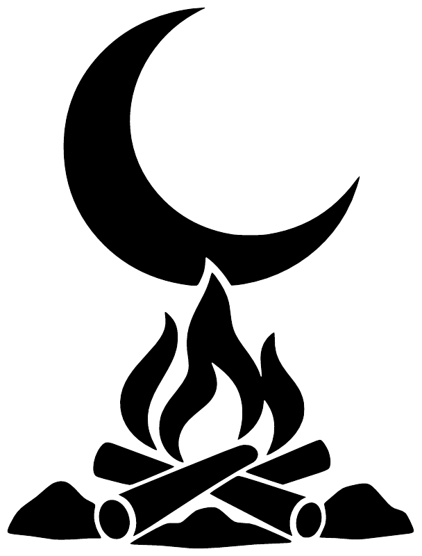 Black crescent moon over campfire vinyl decal, bold silhouette on white