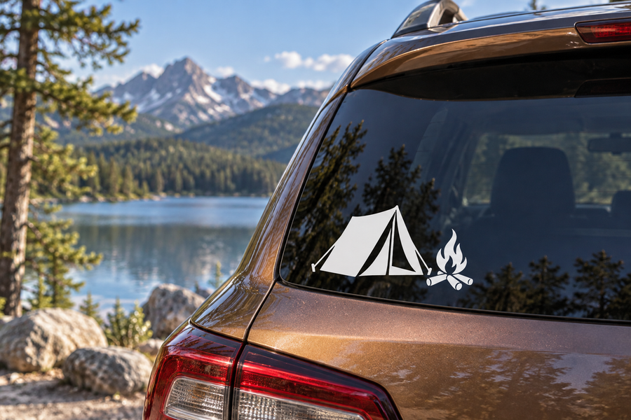 Camping tent and campfire vinyl decal for car windows