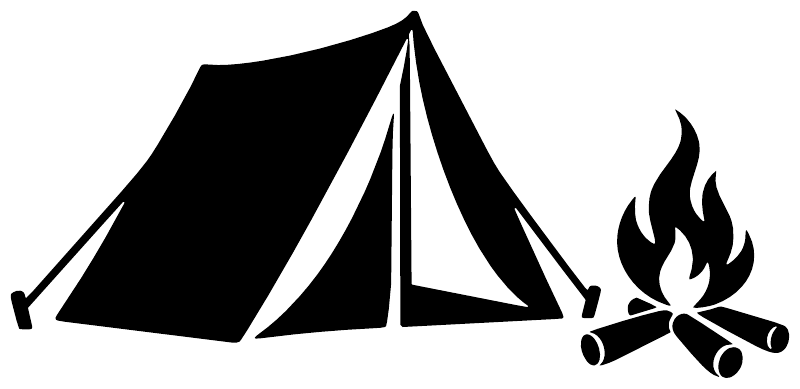 Black-and-white tent with campfire flames and crossed logs vinyl decal
