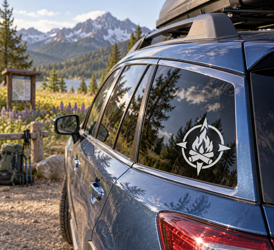 Compass-style campfire vinyl decal with flame icon on car window