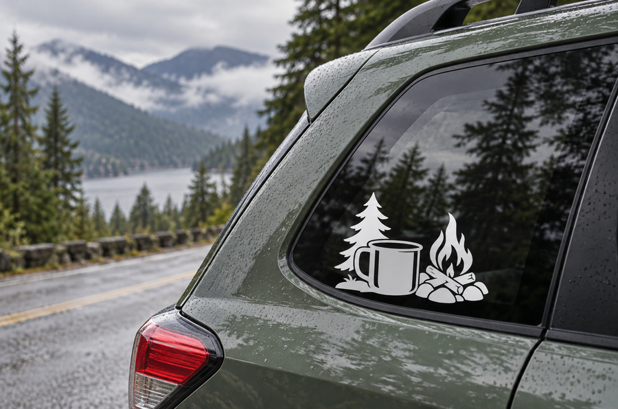 Outdoor campfire coffee mug vinyl decal on car window with tree and flames