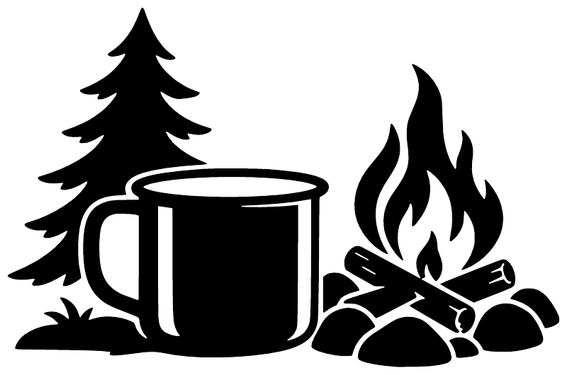 Black campfire coffee mug and flames vinyl decal with pine tree and logs