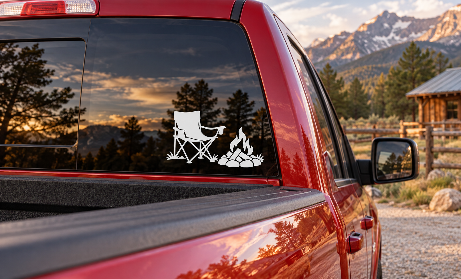 Vinyl car decal with camp chair, campfire flames, and logs on a red vehicle window