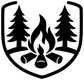 Black shield badge vinyl decal with pine trees, campfire flames, and crossed logs