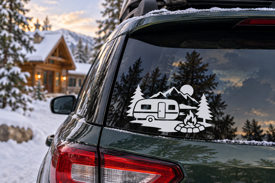 Car window vinyl decal with camper, pine trees, and campfire scene