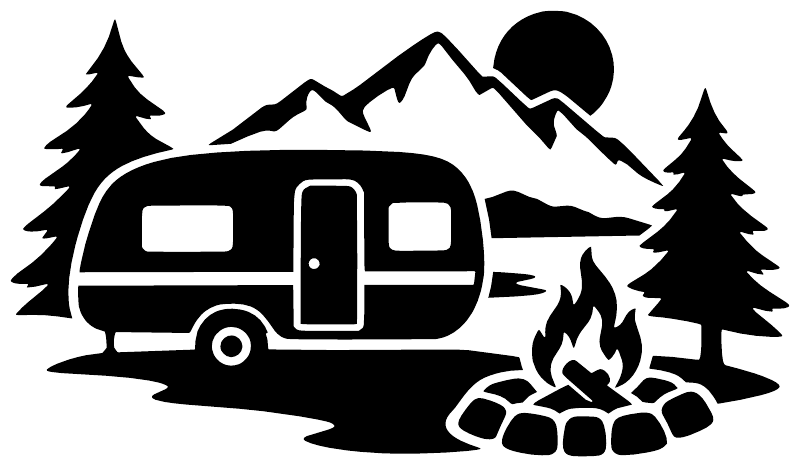 Black vinyl decal of camper trailer, mountains, pine trees, and campfire