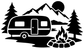 Black vinyl decal of camper trailer, mountains, pine trees, and campfire
