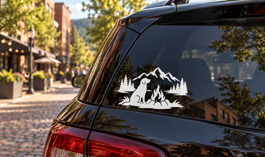 Mountain dog camp vinyl decal with black dog, mountains, trees, and campfire scene