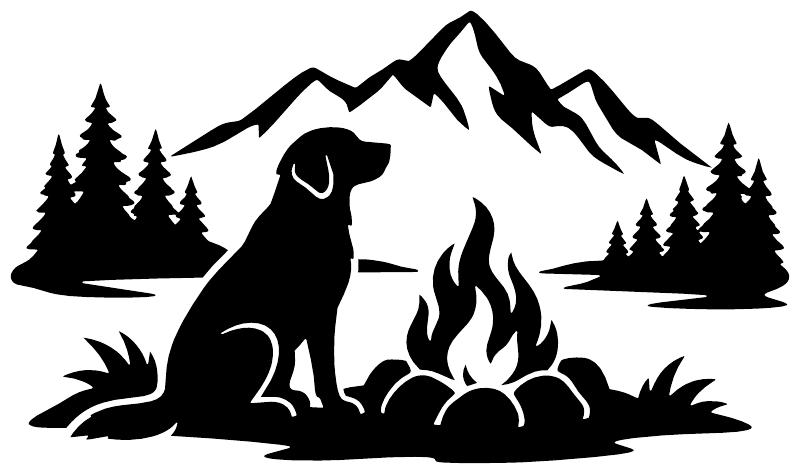 Black mountain dog camp vinyl decal with mountains, fir trees, and campfire