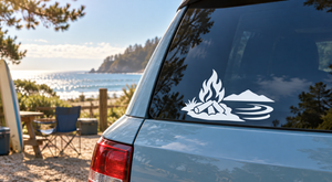 Lakefront fire vinyl decal with flame, mountain, and wave lines on car glass