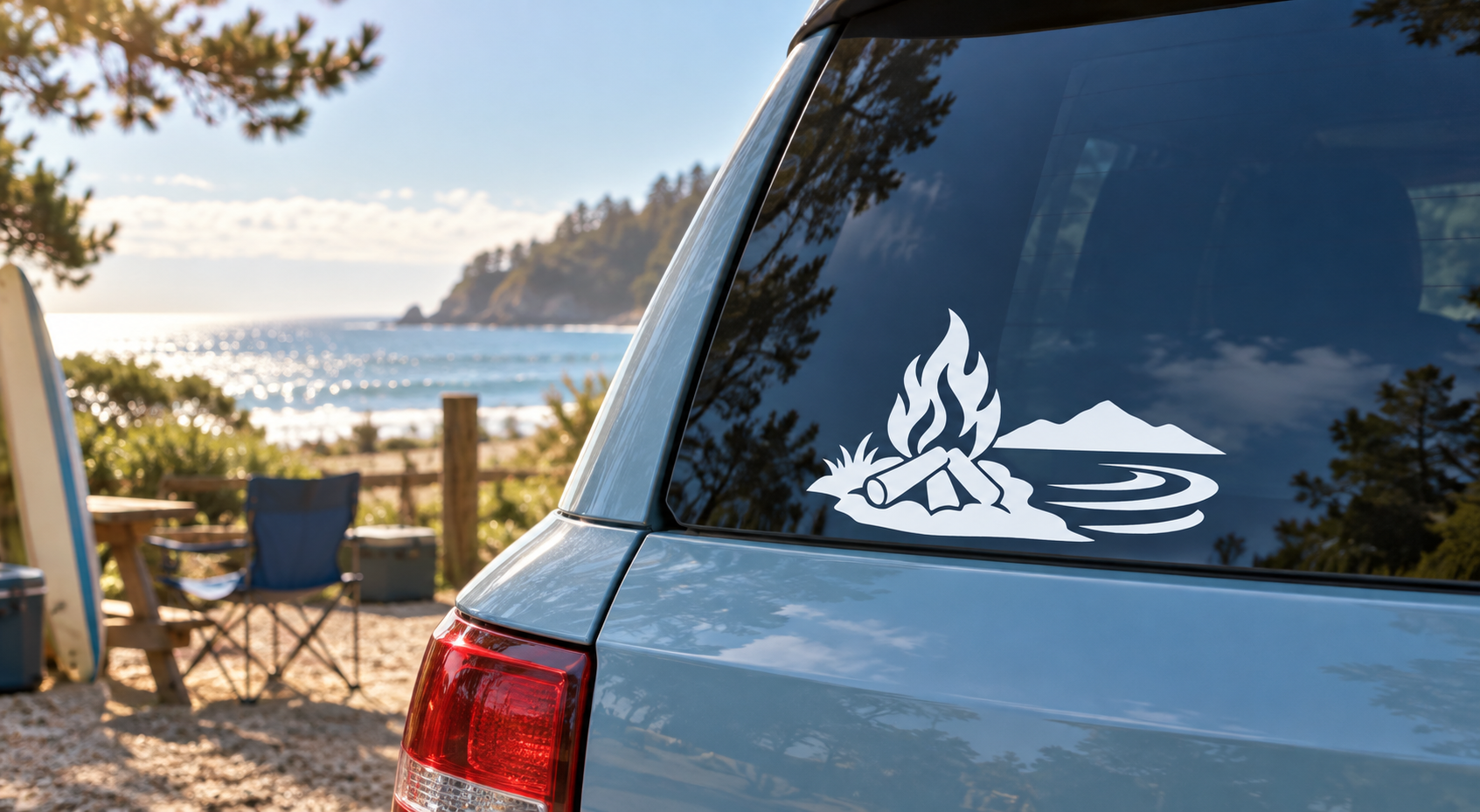 Lakefront fire vinyl decal with flame, mountain, and wave lines on car glass