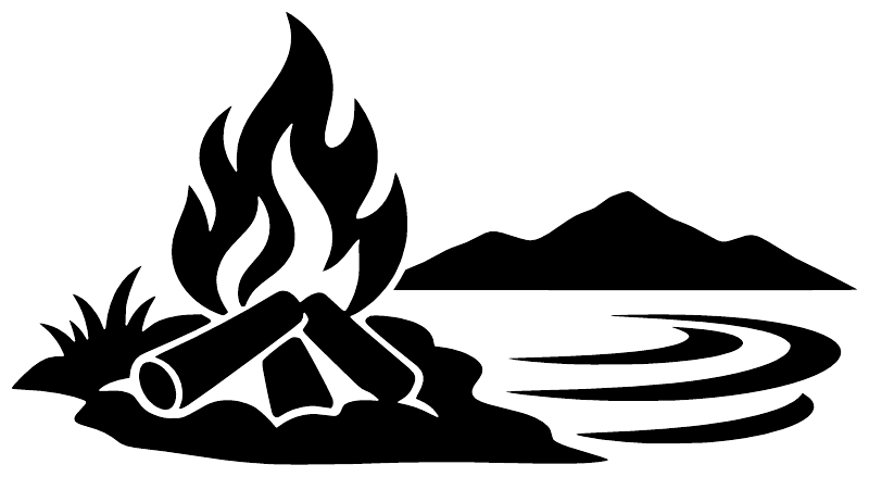 Lakefront fire vinyl decal graphic: campfire flame, log, mountain, and wave lines