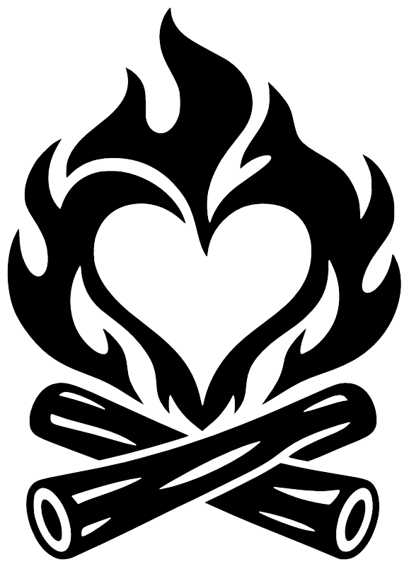 Heart fire vinyl decal close-up: black flames, white heart center, crossed logs