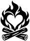 Heart fire vinyl decal close-up: black flames, white heart center, crossed logs