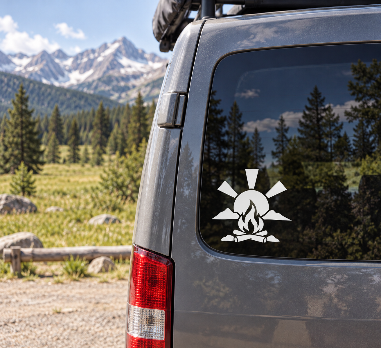 Campfire vinyl decal with black flame icon centered on a vehicle window