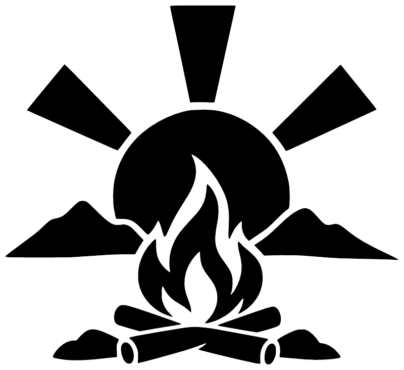 Campfire vinyl decal icon: black sunburst with white-and-black flame and logs