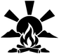 Campfire vinyl decal icon: black sunburst with white-and-black flame and logs