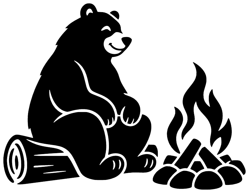 Bear with campfire vinyl decal, bold black-and-white bear, flames, and logs