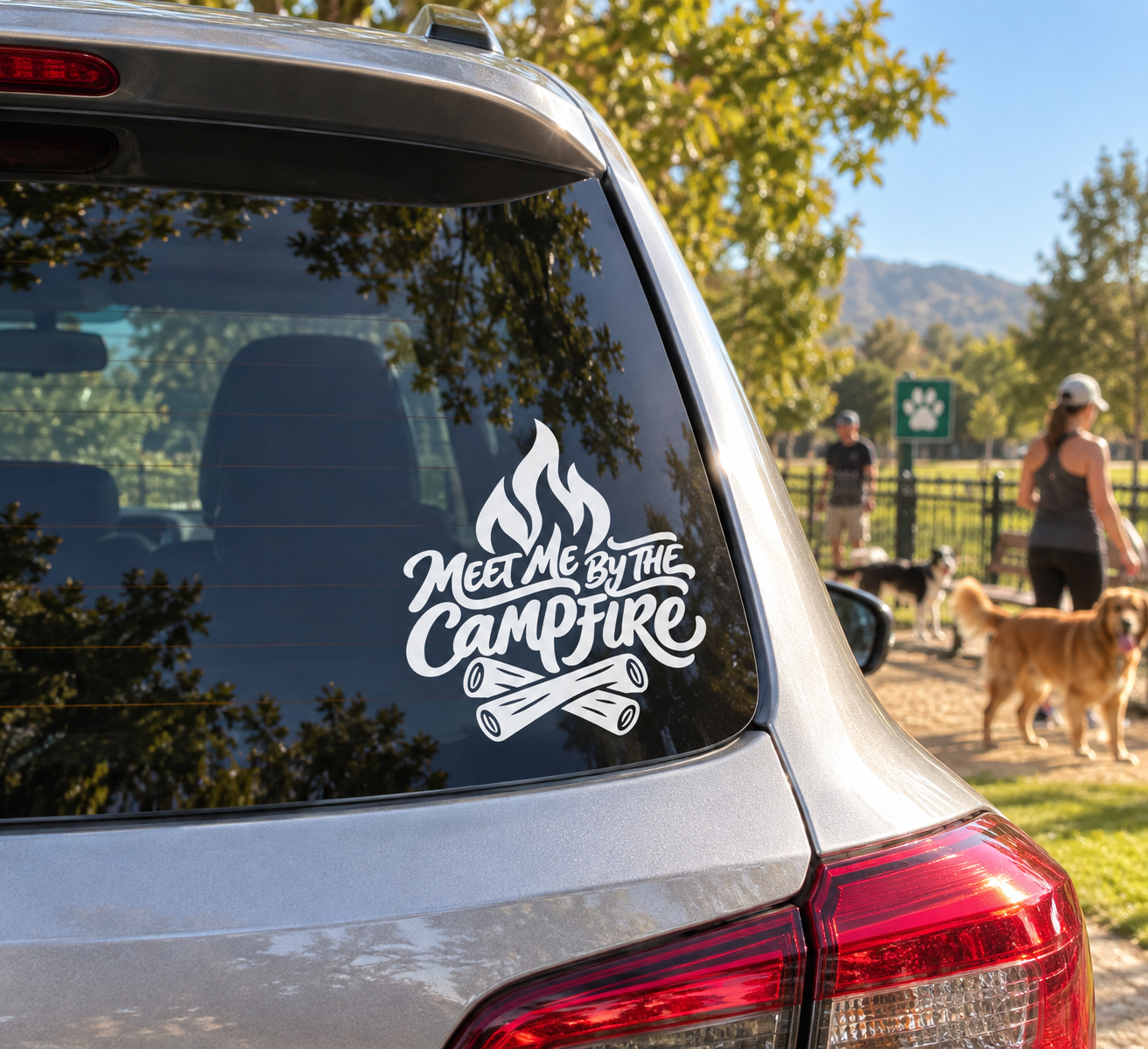 Campfire-themed vinyl decal with flame icon and script text over crossed logs