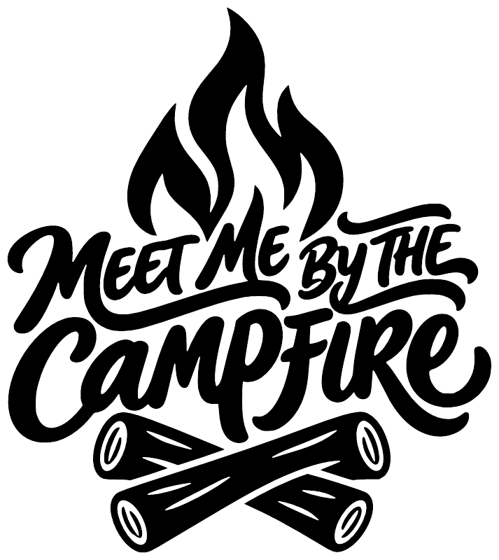 Black campfire script vinyl decal with flames and crossed logs, bold lettering