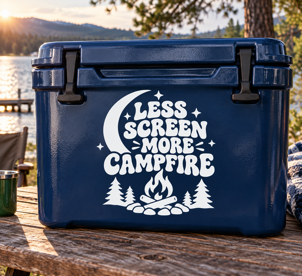 Vinyl decal with campfire, trees, stars, and 'Less Screen More Campfire' lettering