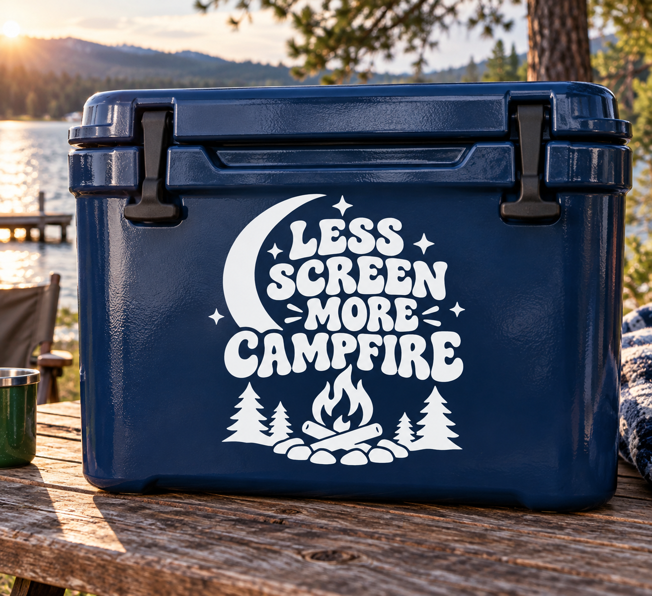 Vinyl decal with campfire, trees, stars, and 'Less Screen More Campfire' lettering