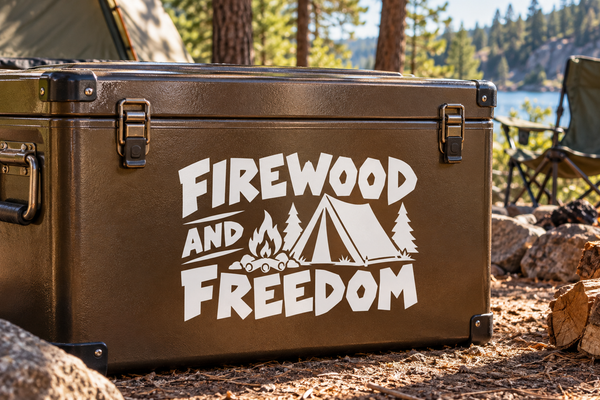Vinyl decal with FIREWOOD AND FREEDOM lettering, campfire and mountain graphic on black