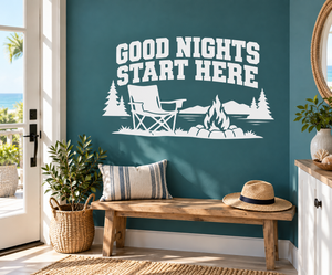 Vinyl wall decal: 'Good Nights Start Here' with campfire, chair, trees scene