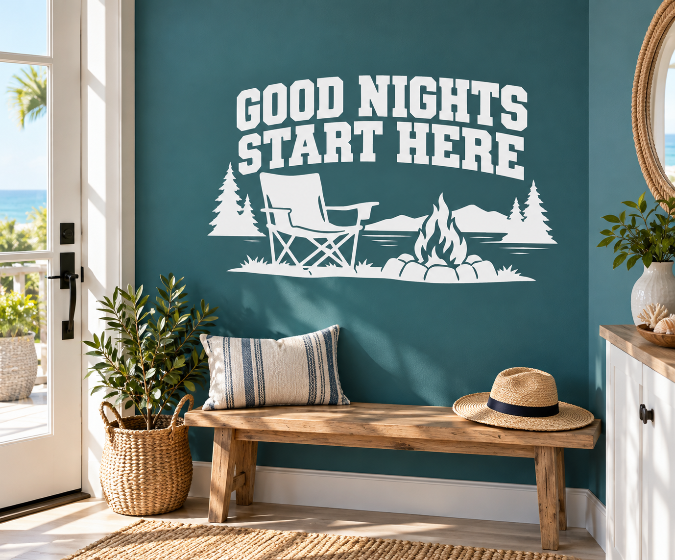 Vinyl wall decal: 'Good Nights Start Here' with campfire, chair, trees scene