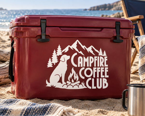 White Campfire Coffee Club vinyl decal on red cooler with bear, mountains, campfire