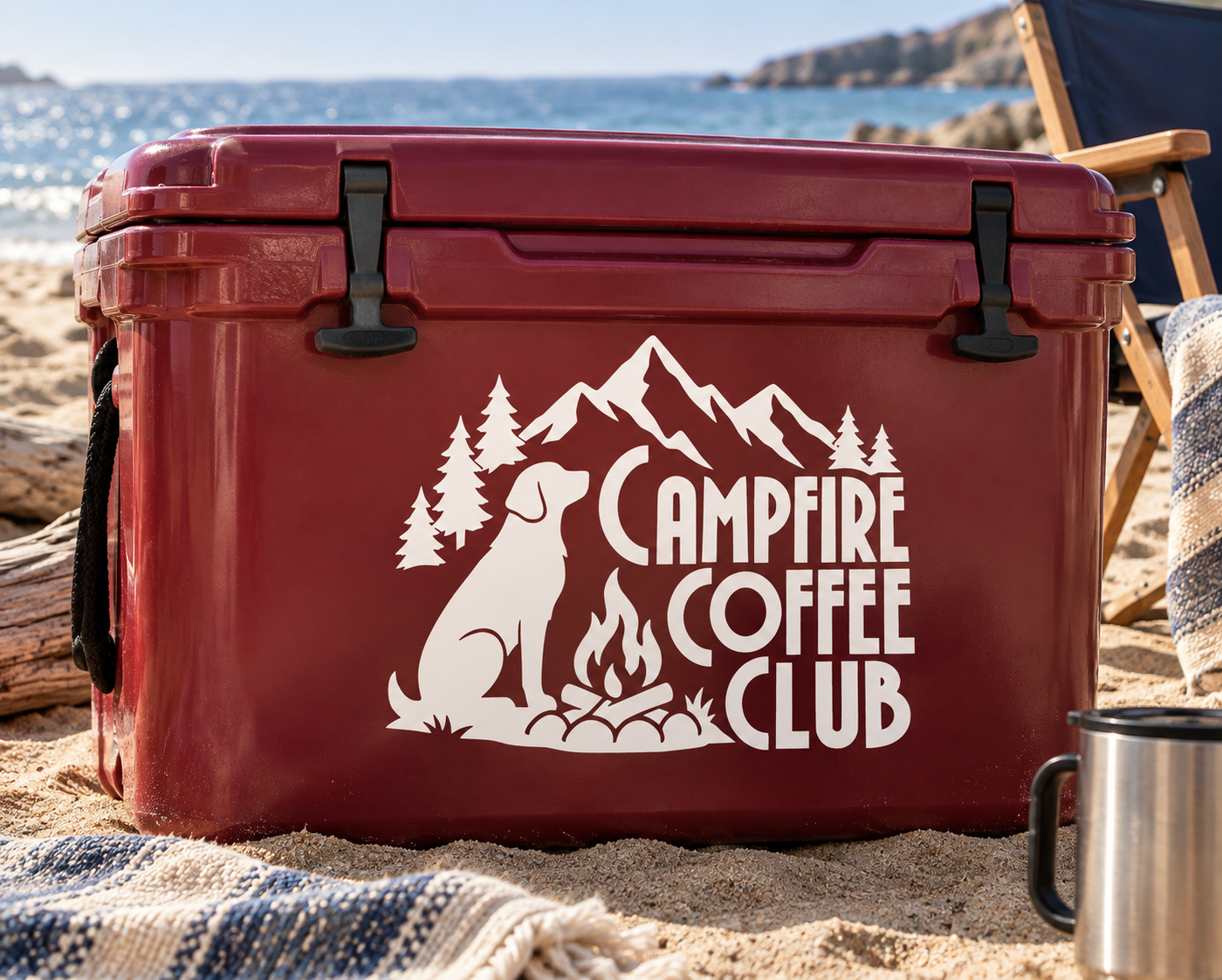 White Campfire Coffee Club vinyl decal on red cooler with bear, mountains, campfire