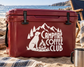 White Campfire Coffee Club vinyl decal on red cooler with bear, mountains, campfire