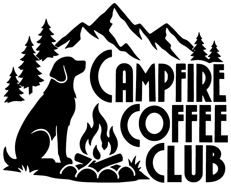 Black vinyl decal featuring bear, mountains, campfire and text 'CAMPFIRE COFFEE CLUB'