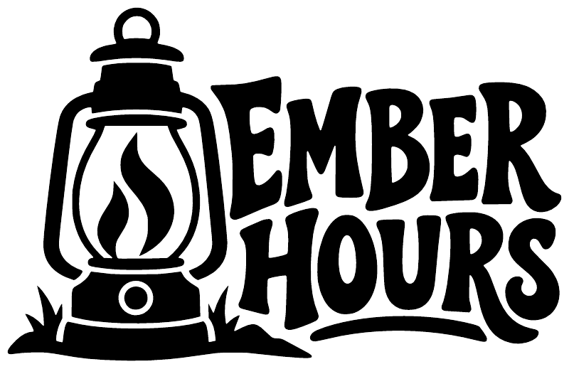 Vinyl decal reading EMBER HOURS with lantern-and-campfire icon, black on white